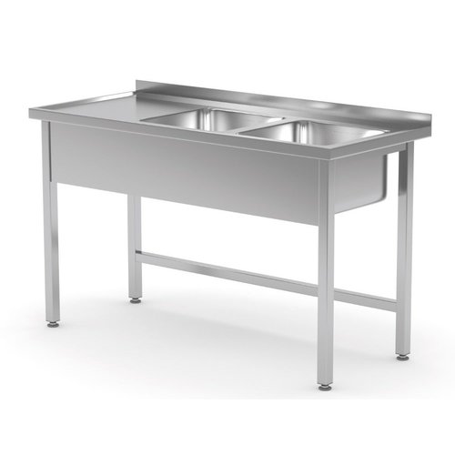 INOXI Stół ze stali nierdzewnej z dwoma zlewami bez półki - komory po prawej stronie | 1600x600x(h)850 mm