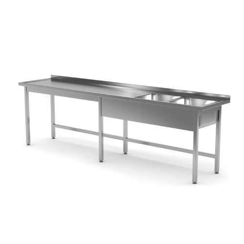 INOXI Stół ze stali nierdzewnej z dwoma zlewami bez półki - komory po prawej stronie | 2200x700x(h)850 mm