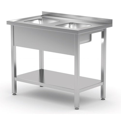 INOXI Stół ze stali nierdzewnej z dwoma małymi zlewami i półką  | 900x600x(h)850 mm