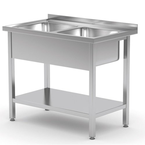 Stół ze stali nierdzewnej z dwoma zlewami i półką | 1000x600x(h)850 mm