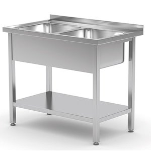 INOXI Stół ze stali nierdzewnej z dwoma zlewami i półką | 1000x700x(h)850 mm