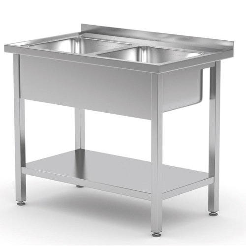 INOXI Stół ze stali nierdzewnej z dwoma zlewami i półką | 1000x700x(h)850 mm