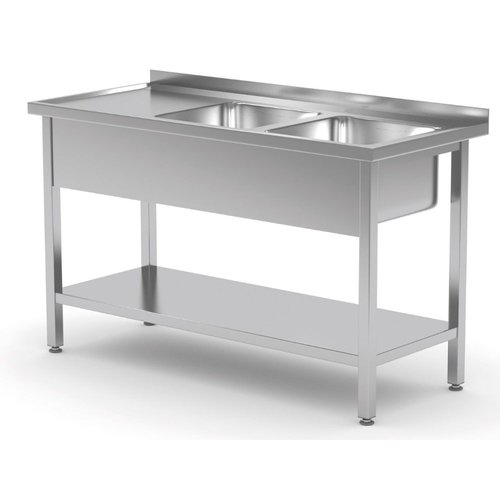 INOXI Stół ze stali nierdzewnej z dwoma zlewami i półką - komory po prawej stronie | 1600x600x(h)850 mm