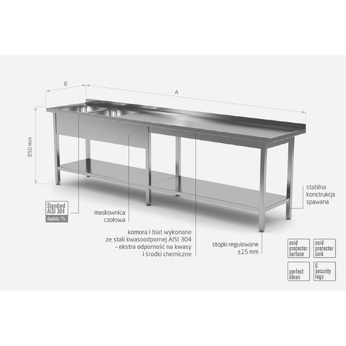 Stół ze stali nierdzewnej z dwoma zlewami i półką wzmocniony - komory po lewej stronie | 2100x700x(h)850 mm