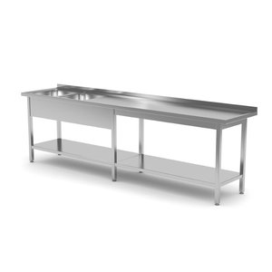 INOXI Stół ze stali nierdzewnej z dwoma zlewami i półką wzmocniony - komory po lewej stronie | 2200x700x(h)850 mm