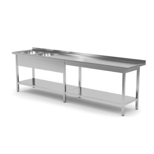 INOXI Stół ze stali nierdzewnej z dwoma zlewami i półką wzmocniony - komory po lewej stronie | 2200x700x(h)850 mm