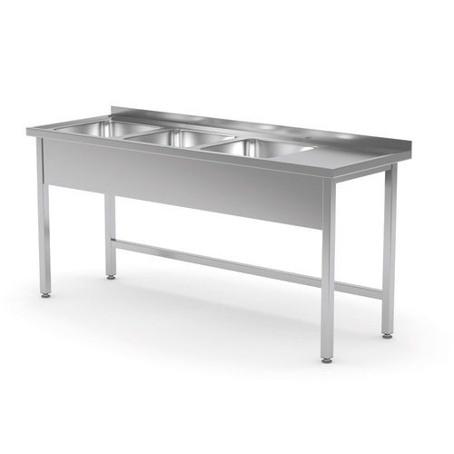INOXI Stół ze stali nierdzewnej z trzema zlewami bez półki - komory po lewej stronie | 1700x600x(h)850 mm