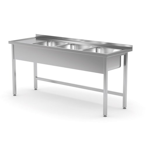 INOXI Stół ze stali nierdzewnej z trzema zlewami bez półki - komory po prawej stronie | 1600x700x(h)850 mm