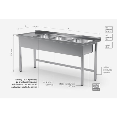 INOXI Stół ze stali nierdzewnej z trzema zlewami bez półki - komory po prawej stronie | 1700x700x(h)850 mm