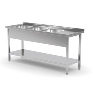 INOXI Stół ze stali nierdzewnej z trzema zlewami i półką - komory po lewej stronie | 1600x600x(h)850 mm