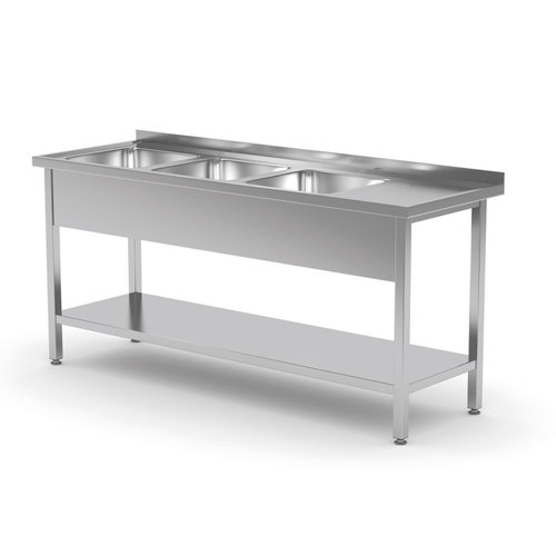 INOXI Stół ze stali nierdzewnej z trzema zlewami i półką - komory po lewej stronie | 1600x600x(h)850 mm