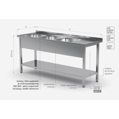 INOXI Stół ze stali nierdzewnej z trzema zlewami i półką - komory po lewej stronie | 1600x600x(h)850 mm