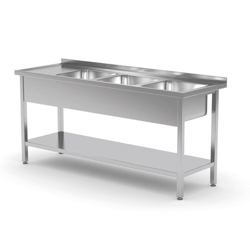 INOXI Stół ze stali nierdzewnej z trzema zlewami i półką - komory po prawej stronie | 1700x600x(h)850 mm