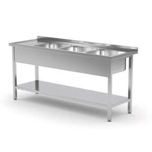 INOXI Stół ze stali nierdzewnej z trzema zlewami i półką - komory po prawej stronie | 1800x700x(h)850 mm