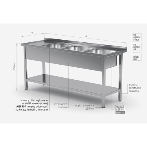 INOXI Stół ze stali nierdzewnej z trzema zlewami i półką - komory po prawej stronie | 1800x700x(h)850 mm