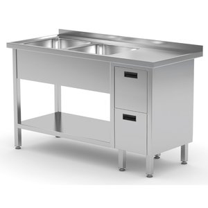 INOXI Stół ze stali nierdzewnej z dwoma zlewami, półką i szafką z dwiema szufladami - komory po lewej stronie | 1700x600x(h)850 mm