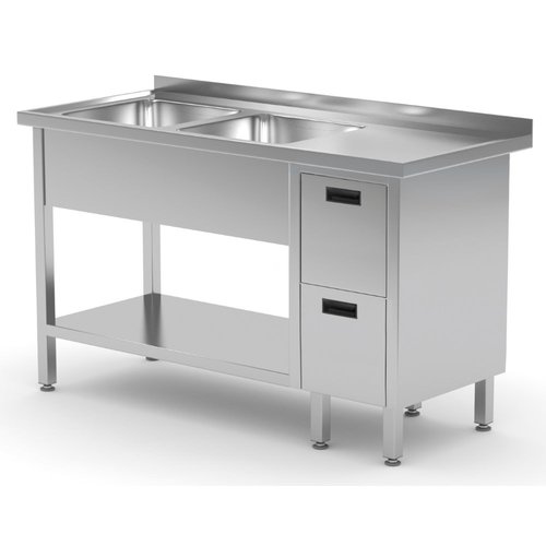 INOXI Stół ze stali nierdzewnej z dwoma zlewami, półką i szafką z dwiema szufladami - komory po lewej stronie | 1700x600x(h)850 mm