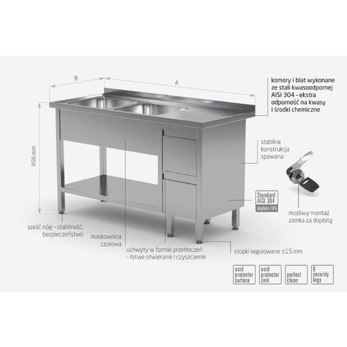 INOXI Stół ze stali nierdzewnej z dwoma zlewami, półką i szafką z dwiema szufladami - komory po lewej stronie | 1700x600x(h)850 mm