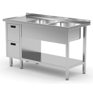 INOXI Stół ze stali nierdzewnej z dwoma zlewami, półką i szafką z dwiema szufladami - komory po prawej stronie | 1600x600x(h)850 mm