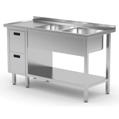 INOXI Stół ze stali nierdzewnej z dwoma zlewami, półką i szafką z dwiema szufladami - komory po prawej stronie | 1600x700x(h)850 mm