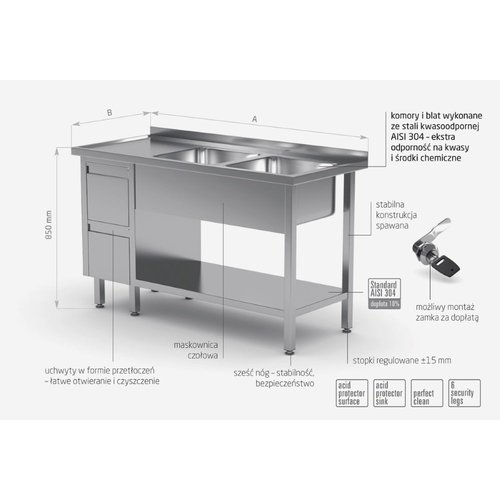 INOXI Stół ze stali nierdzewnej z dwoma zlewami, półką i szafką z dwiema szufladami - komory po prawej stronie | 1600x700x(h)850 mm