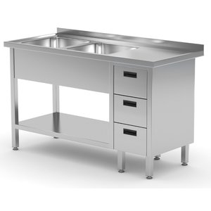 INOXI Stół ze stali nierdzewnej z dwoma zlewami, półką i szafką z trzema szufladami - komory po lewej stronie | 1700x600x(h)850 mm