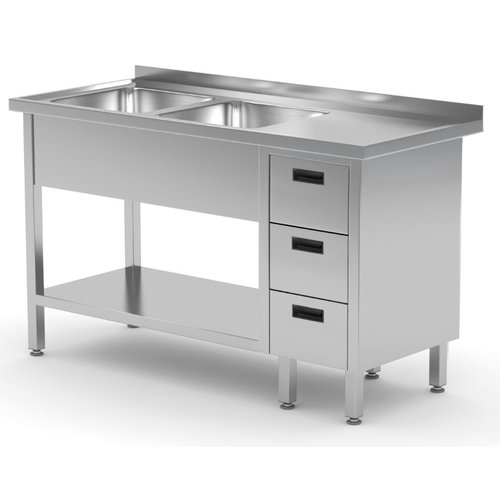 INOXI Stół ze stali nierdzewnej z dwoma zlewami, półką i szafką z trzema szufladami - komory po lewej stronie | 1700x600x(h)850 mm