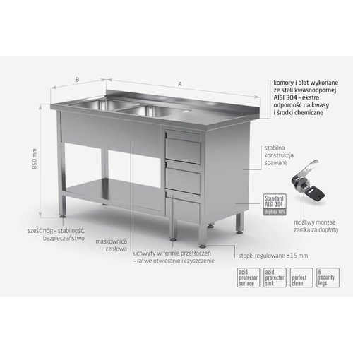INOXI Stół ze stali nierdzewnej z dwoma zlewami, półką i szafką z trzema szufladami - komory po lewej stronie | 1700x600x(h)850 mm