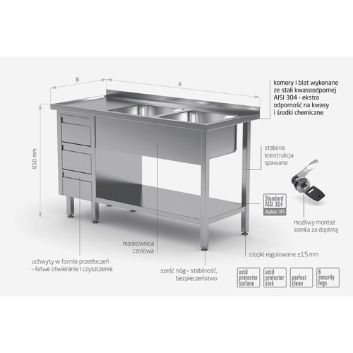 INOXI Stół ze stali nierdzewnej z dwoma zlewami, półką i szafką z trzema szufladami - komory po prawej stronie | 1700x600x(h)850 mm