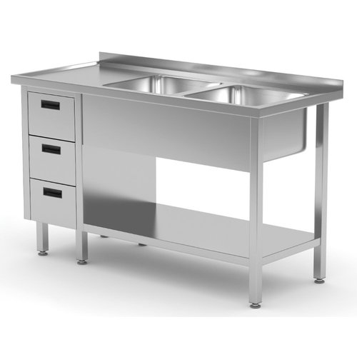 INOXI Stół ze stali nierdzewnej z dwoma zlewami, półką i szafką z trzema szufladami - komory po prawej stronie | 1700x700x(h)850 mm