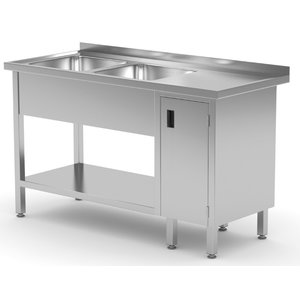 INOXI Stół ze stali nierdzewnej z dwoma zlewami, półką i szafką z drzwiami na zawiasach - komory po lewej stronie | 1700x600x(h)850 mm