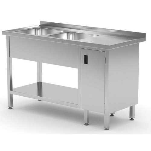 INOXI Stół ze stali nierdzewnej z dwoma zlewami, półką i szafką z drzwiami na zawiasach - komory po lewej stronie | 1700x600x(h)850 mm