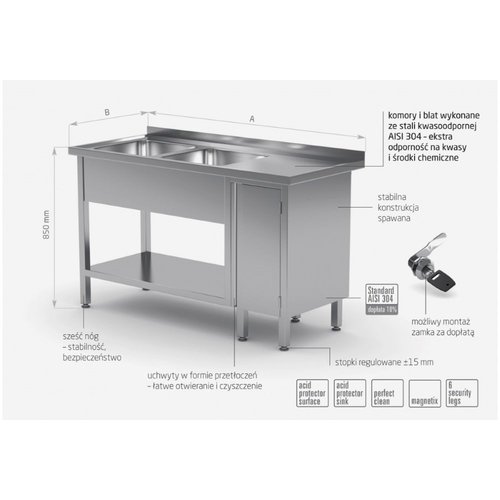 INOXI Stół ze stali nierdzewnej z dwoma zlewami, półką i szafką z drzwiami na zawiasach - komory po lewej stronie | 1700x600x(h)850 mm