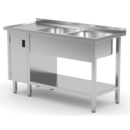 INOXI Stół ze stali nierdzewnej z dwoma zlewami, półką i szafką z drzwiami na zawiasach - komory po prawej stronie | 1600x700x(h)850 mm