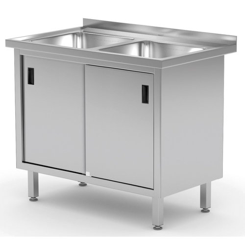 INOXI Stół ze stali nierdzewnej z dwoma zlewami, szafka z drzwiami suwanymi | 1000x600x(h)850 mm