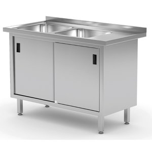 INOXI Stół ze stali nierdzewnej z dwoma zlewami, szafka z drzwiami suwanymi - komory po lewej stronie | 1600x700x(h)850 mm