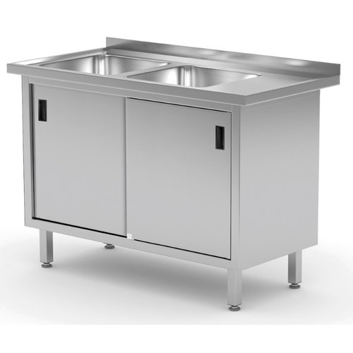 INOXI Stół ze stali nierdzewnej z dwoma zlewami, szafka z drzwiami suwanymi - komory po lewej stronie | 1600x700x(h)850 mm