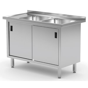INOXI Stół ze stali nierdzewnej z dwoma zlewami, szafka z drzwiami suwanymi - komory po prawej stronie | 1600x700x(h)850 mm