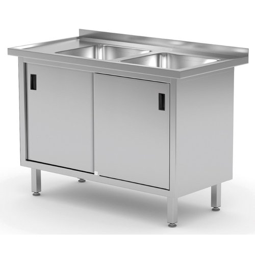 INOXI Stół ze stali nierdzewnej z dwoma zlewami, szafka z drzwiami suwanymi - komory po prawej stronie | 1600x700x(h)850 mm