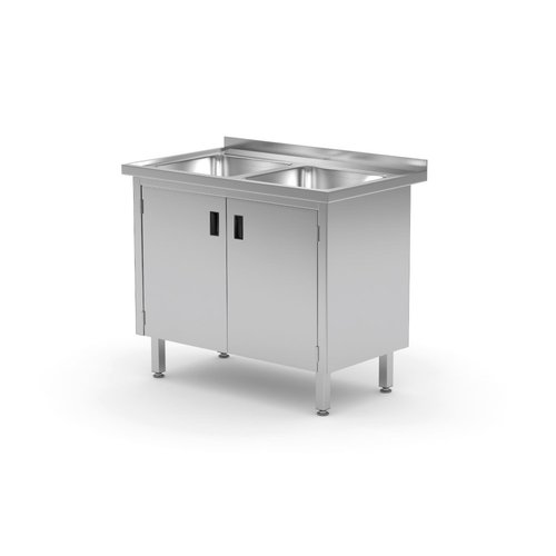 INOXI Stół ze stali nierdzewnej z dwoma zlewami, szafka z drzwiami na zawiasach | 1000x700x(h)850 mm
