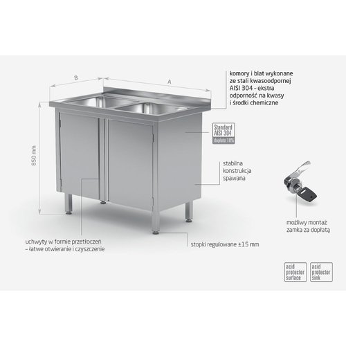 INOXI Stół ze stali nierdzewnej z dwoma zlewami, szafka z drzwiami na zawiasach | 1000x700x(h)850 mm