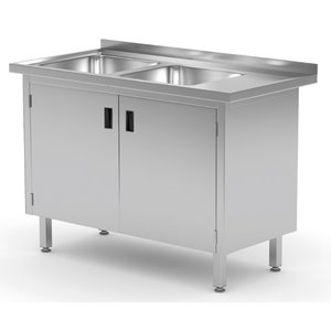 INOXI Stół ze stali nierdzewnej z dwoma zlewami, szafka z drzwiami na zawiasach - komory po lewej stronie | 1100x600x(h)850 mm