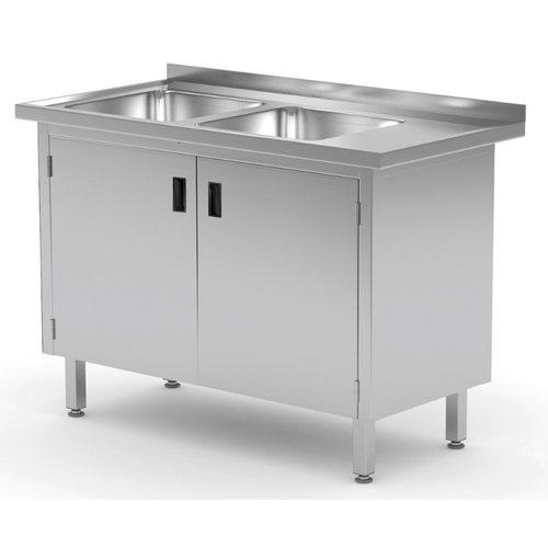 INOXI Stół ze stali nierdzewnej z dwoma zlewami, szafka z drzwiami na zawiasach - komory po lewej stronie | 1100x600x(h)850 mm