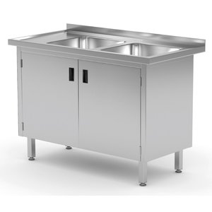 INOXI Stół ze stali nierdzewnej z dwoma zlewami, szafka z drzwiami na zawiasach - komory po prawej stronie | 1100x600x(h)850 mm