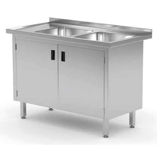 INOXI Stół ze stali nierdzewnej z dwoma zlewami, szafka z drzwiami na zawiasach - komory po prawej stronie | 1100x600x(h)850 mm