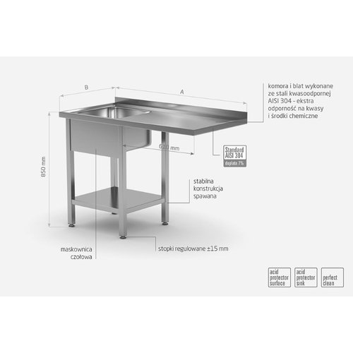 INOXI Stół ze stali nierdzewnej ze zlewem, półką i miejscem na zmywarkę lub lodówkę - komora po lewej stronie | 1800x700x(h)850 mm