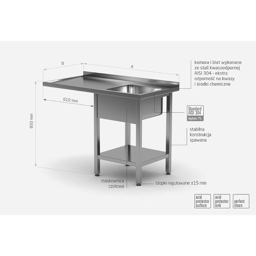 Stół ze stali nierdzewnej ze zlewem, półką i miejscem na zmywarkę lub lodówkę - komora po prawej stronie | 1300x600x(h)850 mm