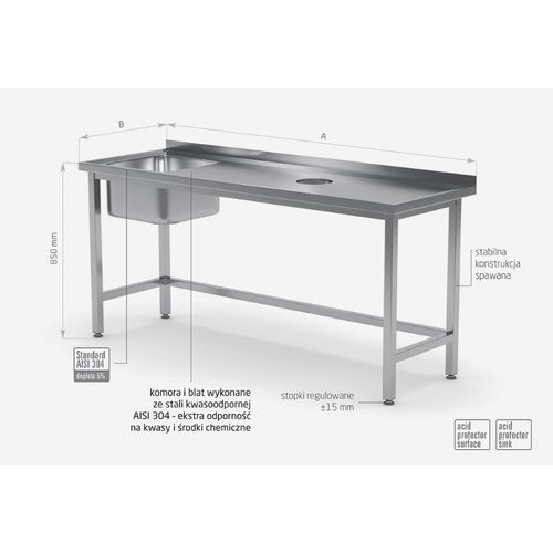 INOXI Stół ze stali nierdzewnej ze zlewem i otworem na odpadki - komora po lewej stronie | 1700x600x(h)850 mm