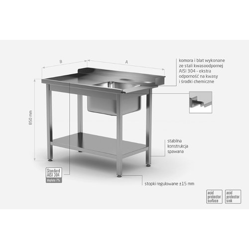 Stół załadowczy ze stali nierdzewnej do zmywarek ze zlewem i półką - lewy | 800x700x(h)850 mm