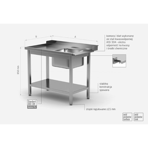 Stół załadowczy ze stali nierdzewnej do zmywarek ze zlewem i półką - lewy | 1000x700x(h)850 mm